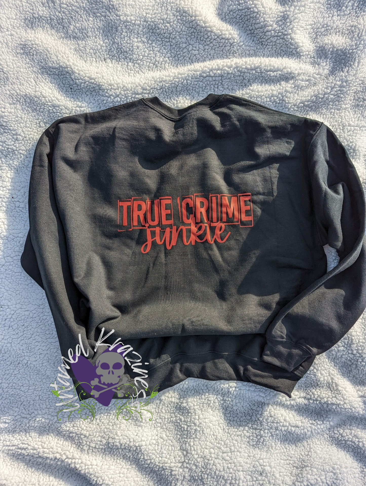 True Crime Junkie 2 sided Crew Neck Black\Red writing